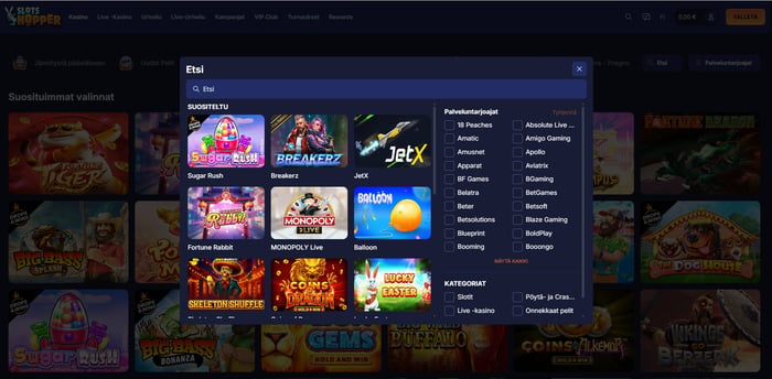 Slotshopper Casinolla on laaja pelivalikoima, josta omat suosikit on helppo etsiä hakutyökalulla.