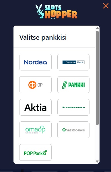 Slotshopper Casino on helppo Talleta ja Pelaa kasino, joka tukee suomalaisia verkkopankkeja, kuten Nordea, OP ja Aktia.