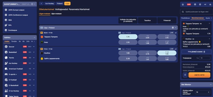 Slotshopper Casino urheiluvedonlyönti-osio sisältää muun muassa kotimaiset Liiga voittajavedot.