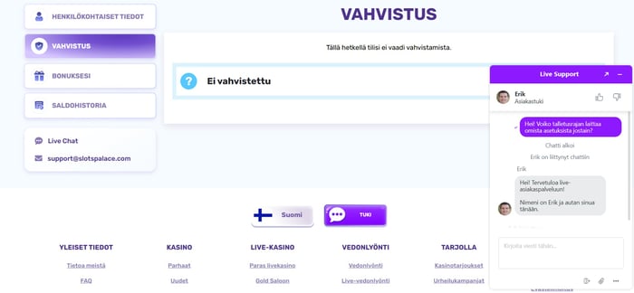 Slots Palace Casinon live-chat vastaa vastuullisen pelaamisen työkaluja koskevaan kysymykseen.
