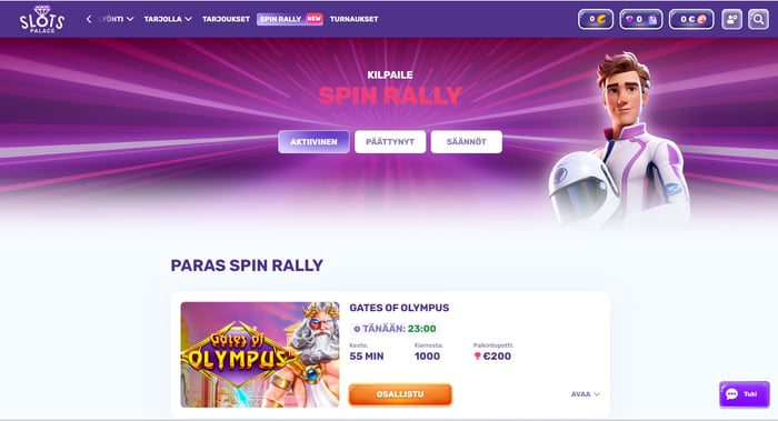 Slots Palace Casinon Spin Rally haastaa pelaajia pelaamaan Gates of Olympusta 1000 kierrosta 200 € palkintopottia tavoitellakseen.