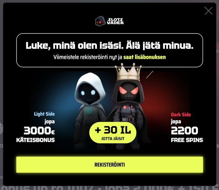Slotsvader tarjoaa kaksi eri bonusta uusille pelaajille