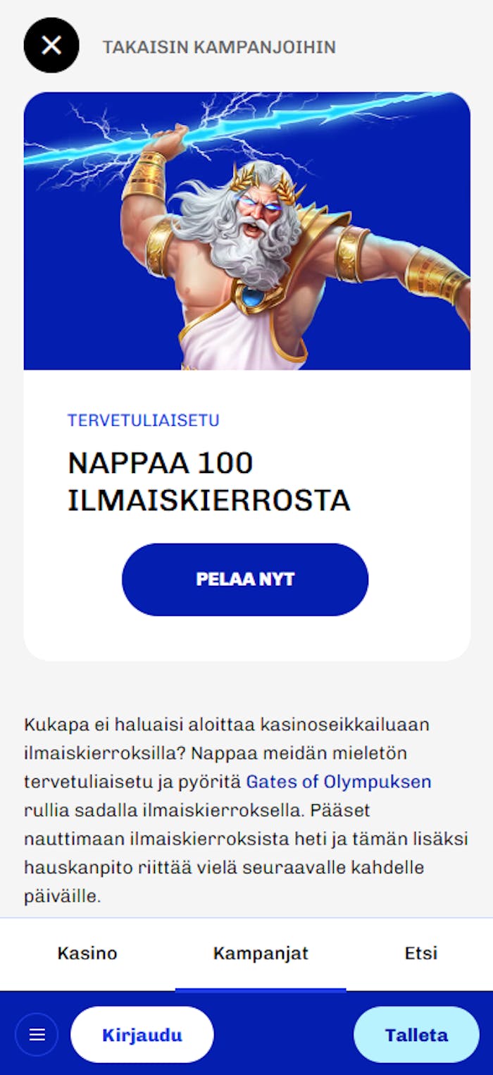 Slotti Casinon tervetuliaisbonus eli 100 ilmaiskierrosta.