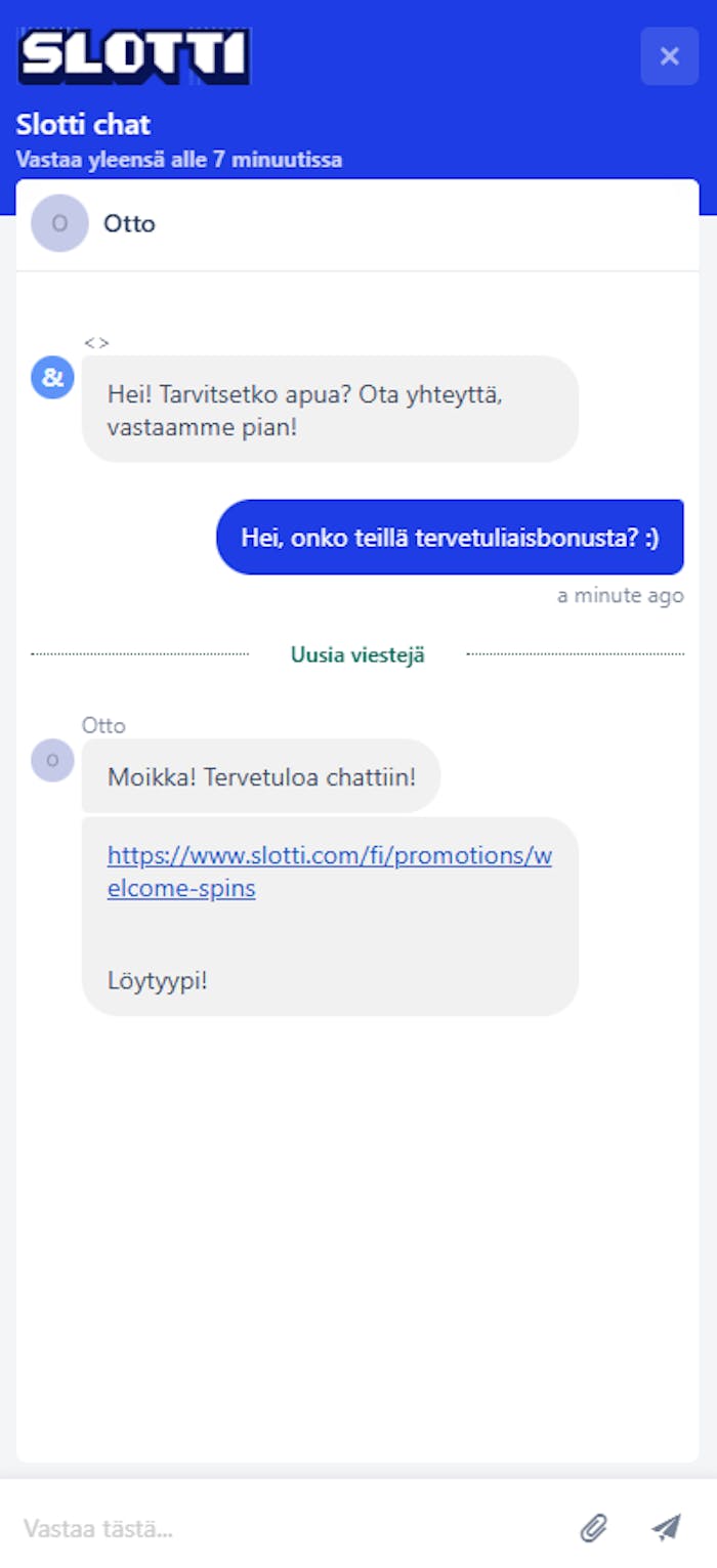 Slotti Casinon live-chat, jossa keskustellaan suomeksi tervetuliaisbonuksesta.