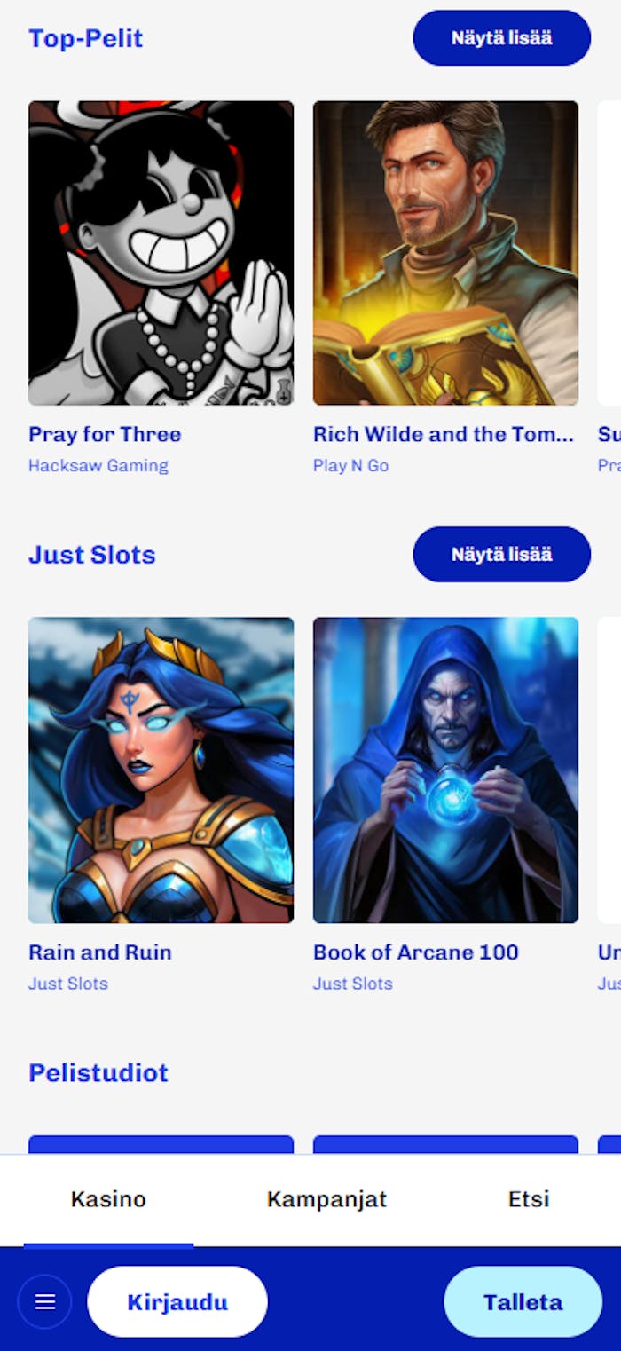 Slotti Casinon peliaula, jossa on esiteltynä top-pelit sekä Just Slotsin muutamia pelejä.