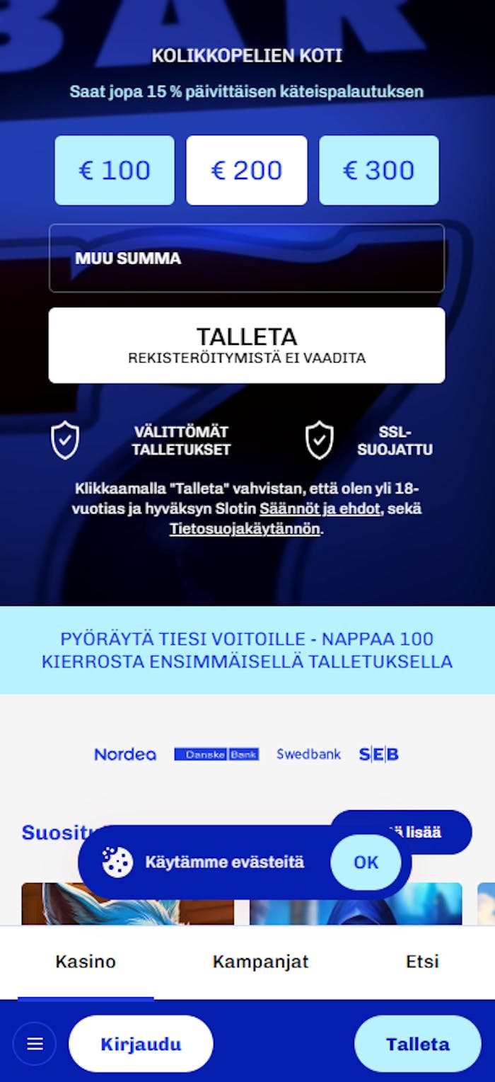 Slotti Casinon etusivu, jossa mainostetaan pikatalletuksen mahdollisuutta.