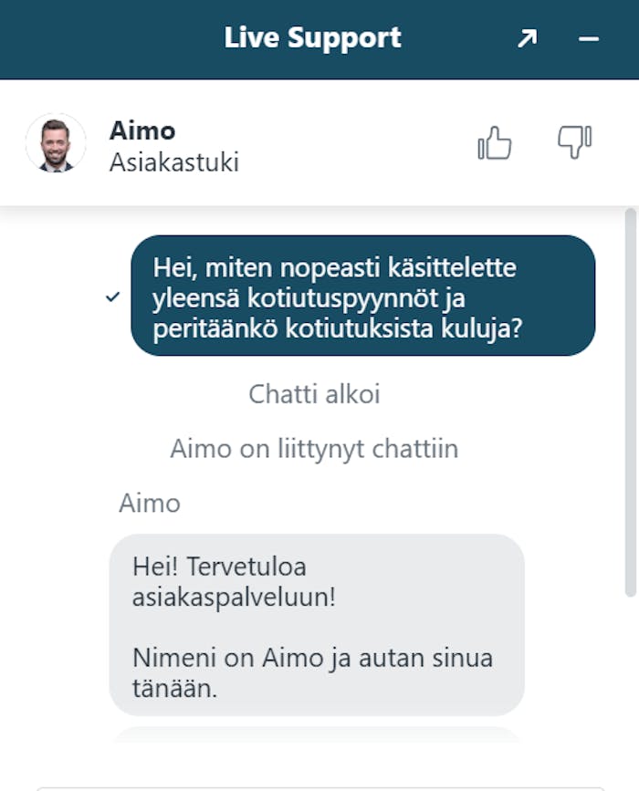 Slotuna Casinon livechat, jossa asiakas kysyy kotiutusten kestosta ja kuluista.