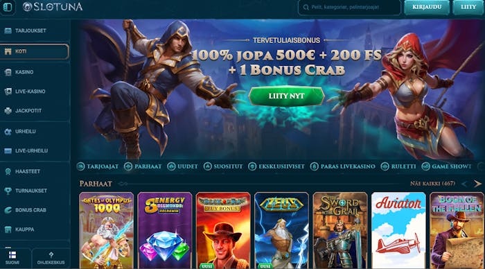 Kuva Slotuna Casinon etusivusta, jossa näkyy tervetuliaisbonuksen tiedot sekä kasinon parhaita pelejä.