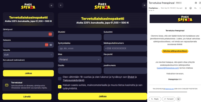 FreeSpinzan kaksi rekisteröitymislomaketta ja vahvistuslomake.