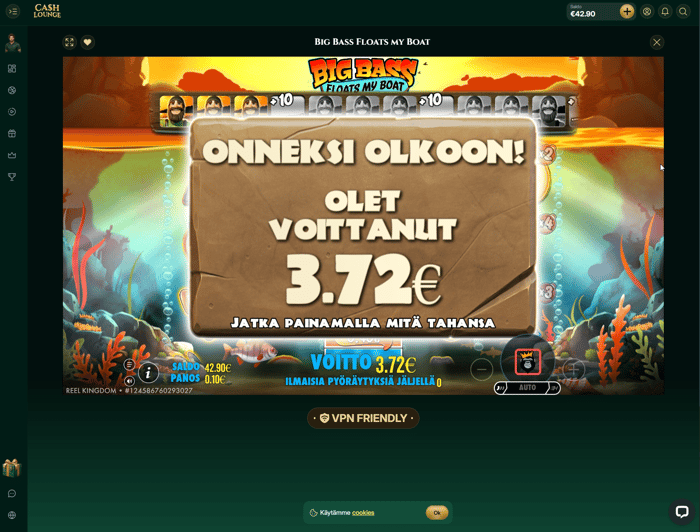 Big Bass Floats my Boat ilmaiskierrokset toivat 3,72 € voittoja.