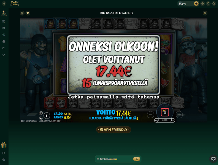 Big Bass Halloween -pelissä ilmaiskierrokset käynnistyivät heti aluksi, ja sain 17,44 euron voitot.