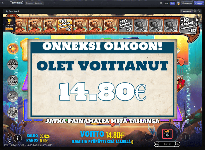 Kuvakaappaus 14,80 voitosta Big Bass Splash -pelissä.