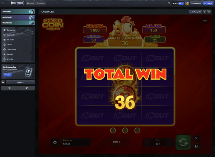 36 euron voitto Chicken Coin slotista.