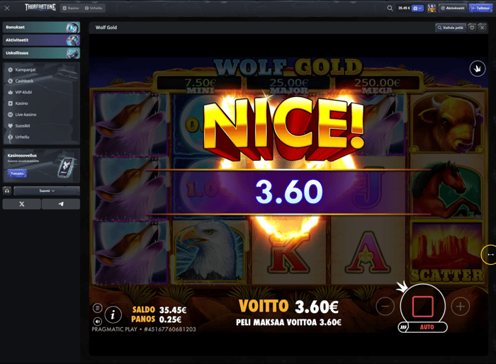 Kuvakaappaus 3,60 voitosta Wolf Gold -pelissä.