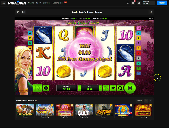 Lucky Lady Charm Deluxe peli Nikaspinsillä 86,86 euron voitolla.