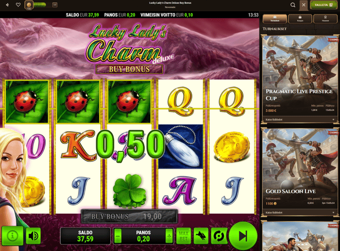Lucky Ladys Charm Deluxe -pelissä 0,50 € voitto 0,20 € panoksella.