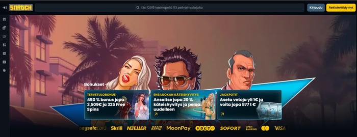 Snatch Casino etusivu ja tervetulobonus 450 % jopa 3509 € ja 325 ilmaiskierrosta.