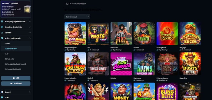 Snatch Casino suositut kolikkopelit - Pragmatic Play, ELK, Nolimit, Playn go ja BGGaming.