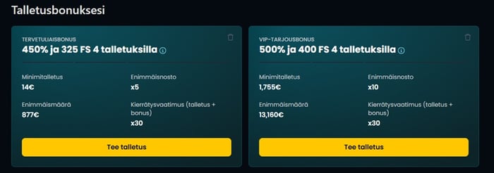 Snatch Casino talletusbonukset — tervetuliaisbonus 450 % / 325 FS ja VIP-tarjousbonus 500 % / 400 FS