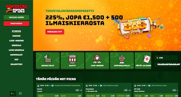 Sombrero Spins Casinon etusivulla näkyy tervetulobonus.