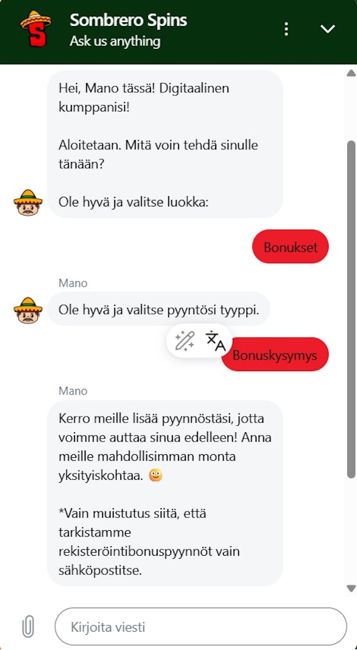 Sombrero Spins Casino live chat botti Mano