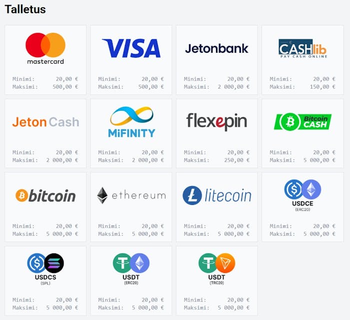 Sombrero Spins Casino talletuksen sopivat maksutavat, kuten Visa ja Bitcoin.