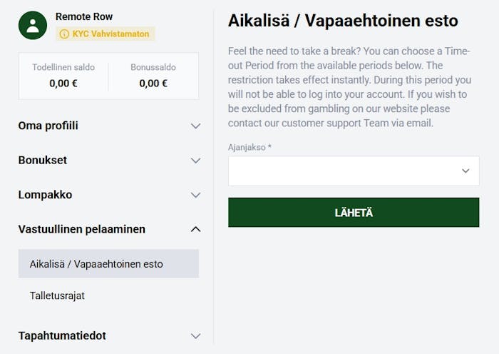 Sombrero Spins Casino vastuullisen pelaamisen työkalu aikalisä