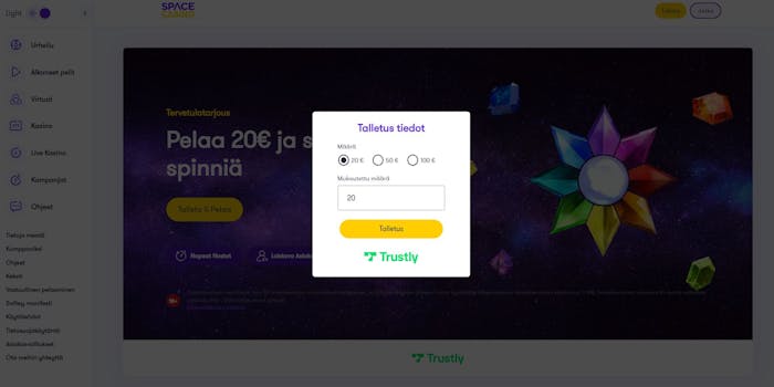 space casino ilmoittautumissivu