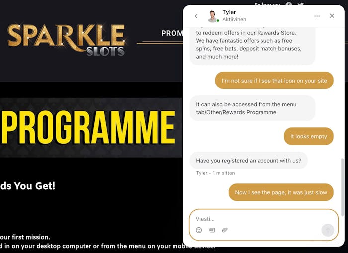 Sparkle Slots asiakaspalvelu chat