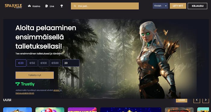 Sparkle Slots etusivulla on näyttävästi esillä talletuslomake