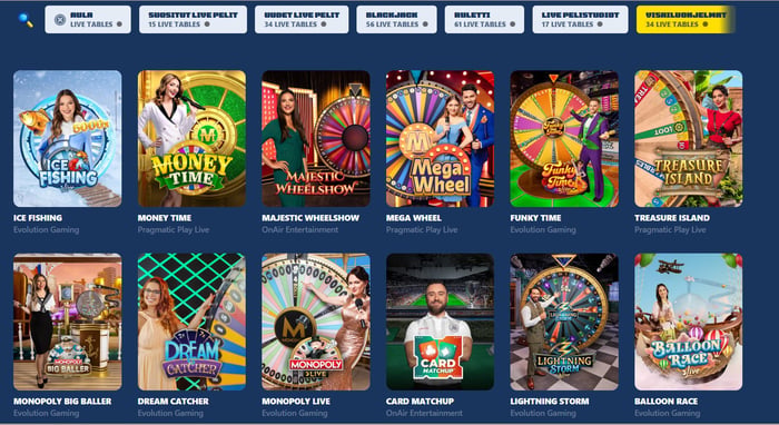 Spiidin livekasinoaula peleillä kuten Ice Fishing, Money Time ja Mega Wheel.