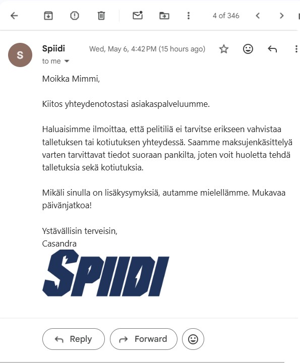 Spiidin asiakastuen vastaus sähköpostiin.