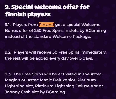 Spinania Casinolla on bonus suomalaisille pelaajille, mutta sen lunastamiseen ei anneta ohjeita.