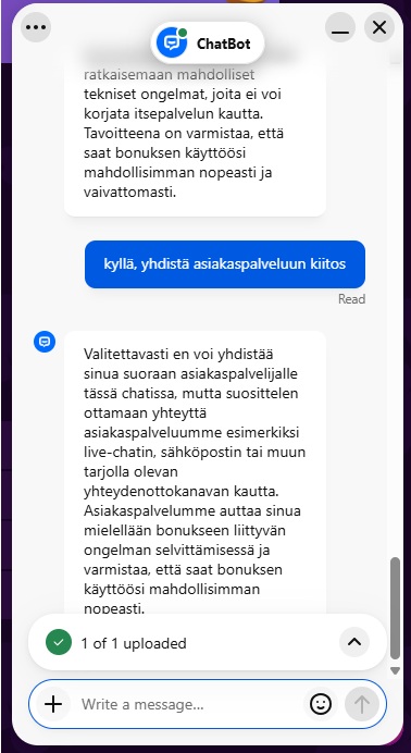 Spinania Casino live-chat ei onnistu yhdistämään oikealle asiakaspalvelijalle.