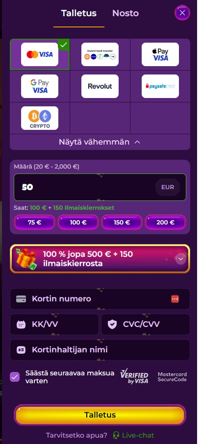 Spinania Casino 50 € talletus tapahtui kohdallani Visa-kortilla. Muita maksutapoja ovat muun muassa kryptovaluutat.