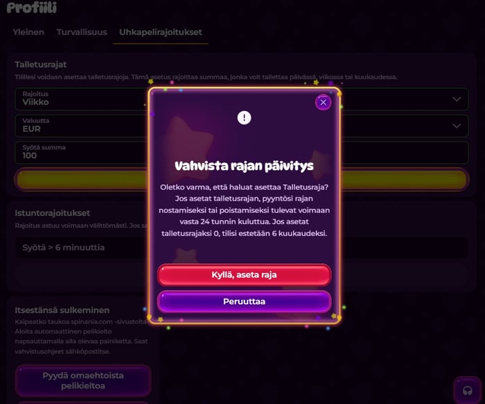Spinania Casinolla vastuullisen pelaamisen työkalut löytyvät suoraan pelitililtä.