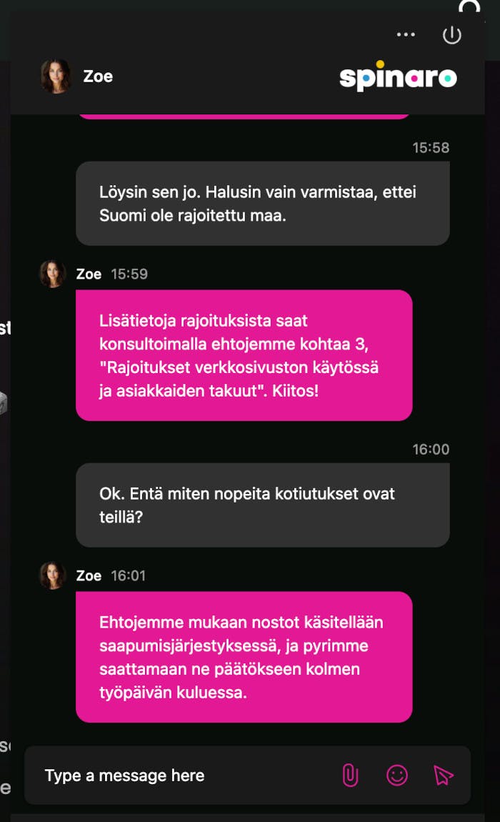 Spinaro Casinon live-chat palvelee myös suomeksi