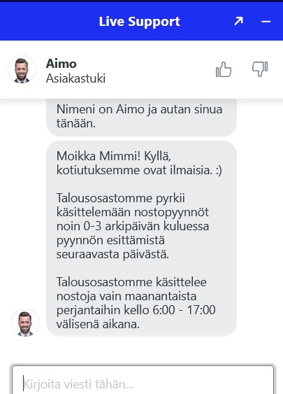Spinbara Casinon asiakaspalvelun chat, jossa kerrotaan kotiutusten kuluista ja käsittelynopeudesta.