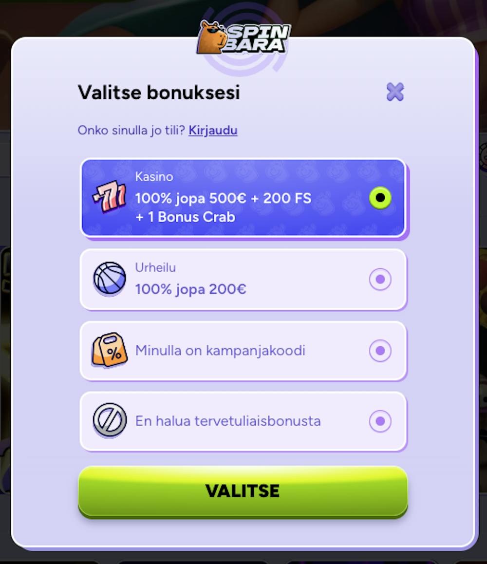 Valitse bonus mukaan samalla kun rekisteröidyt Spinbara casinolle