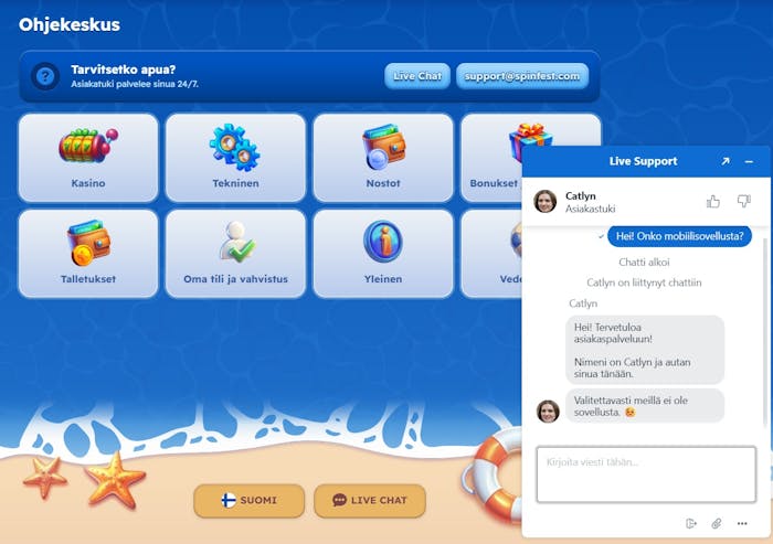 Spinfest Casinon live-chat vastaa, ettei kasinolla valitettavasti ole mobiilisovellusta.