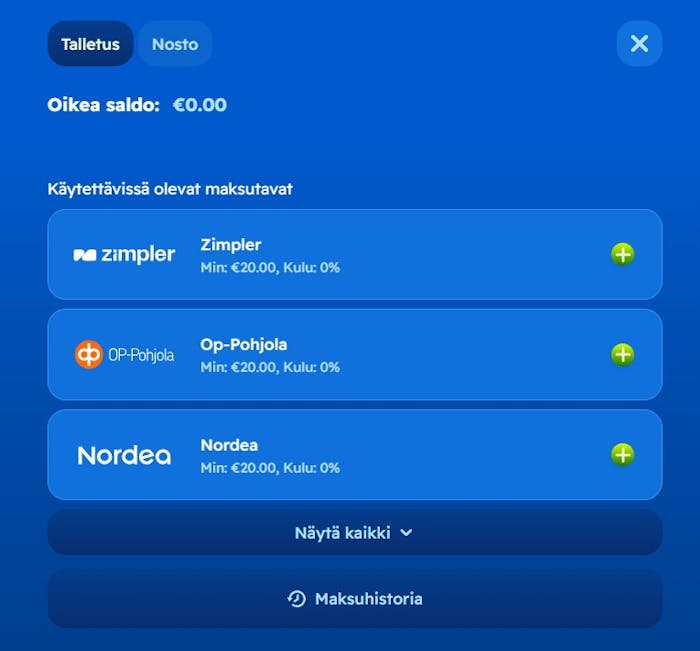 Spinfest Casino talletus onnistuu esimerkiksi Zimplerin, OP_pohjolan tai Nordean kautta.