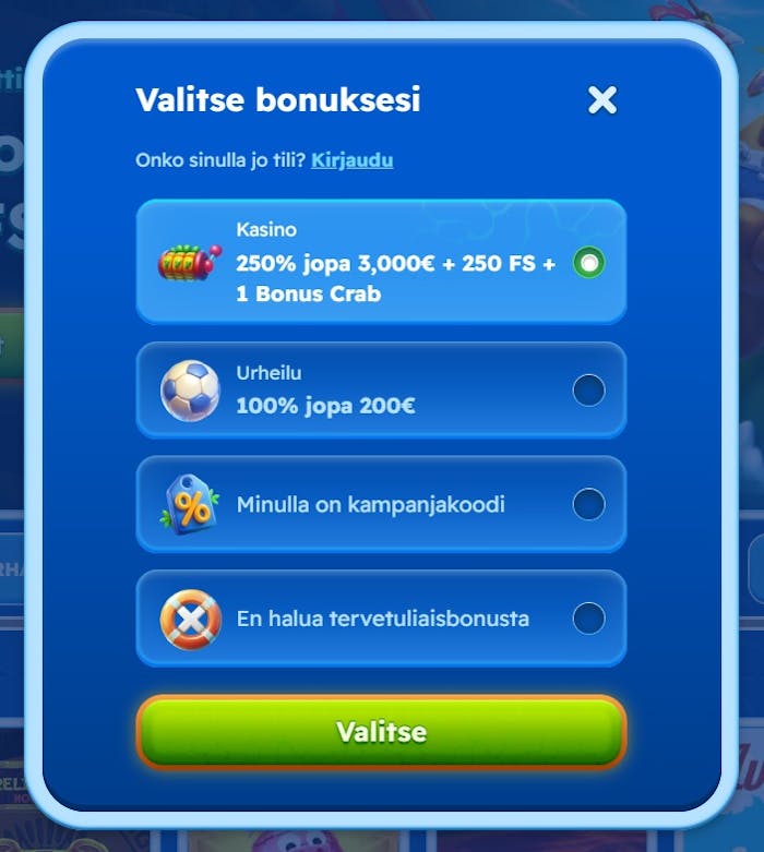 Spinfest Casino tervetulobonukset kattavat kasinon ja vedonlyönnin. Voit myös valita 