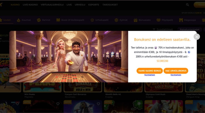 Spinimax-kasinon pop up -mainosikkuna, joka tarjoaa toista talletusbonusta kasinolle tai urheiluun.