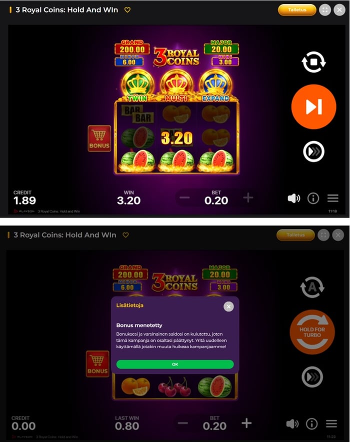 Yhdistelmäkuva 3 Royal Coins: Hold and Win -kolikkopelistä, jossa ylemmässä osassa näkyy 3,20 euron voitto 0,20 euron panoksella ja alemmassa osassa kasinon ilmoitus saldon loppumisesta ja bonuksen menettämisestä saldon ollessa 0,00 euroa.