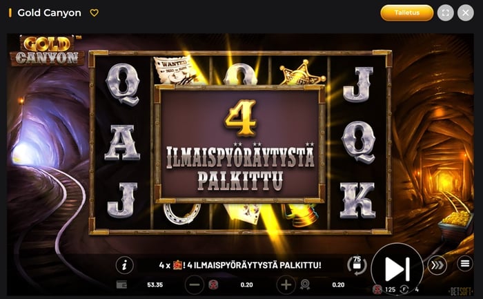 Gold Canyon -pelin ruutukaappaus, jossa peli palkitsee pelaajan neljällä ylimääräisellä ilmaispyöräytyksellä.