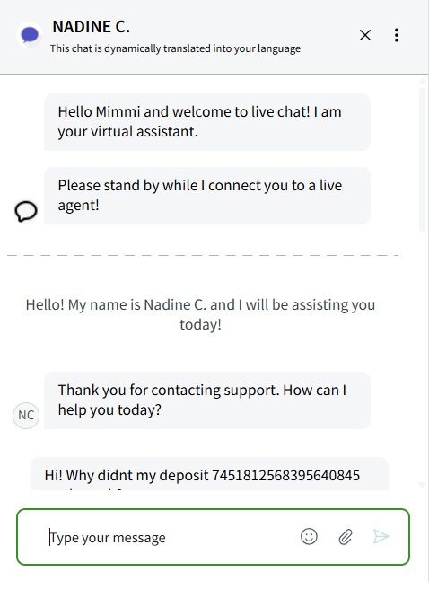 Spinimax Casinon live-chat, jossa virtuaaliassistentti yhdistää pelaajan agentille talletusongelman selvittämiseksi