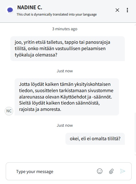Spinimax Casinon live-chat, jossa kysymys talletus-, tappio- ja panosrajoista ohjataan käyttöehtoihin