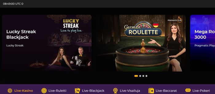 Spinimax Casinon live-kasinon aula, jossa Lucky Streak Blackjack ja German Roulette -pöydät sekä pelikategoriat