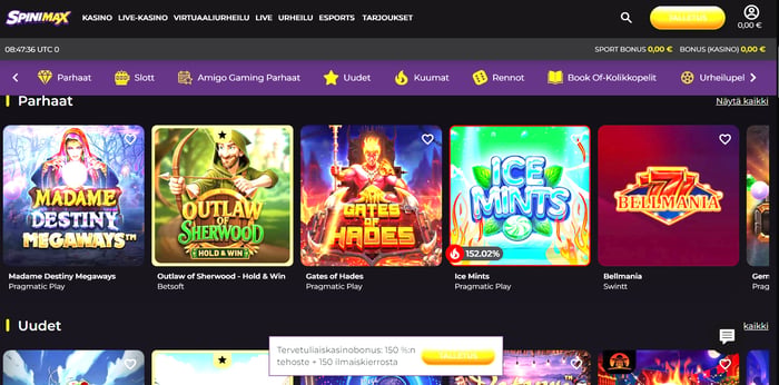 Spinimax Casinon kasinoaula Parhaat-osiossa, jossa Ice Mints -pelin päällä näkyy kuuma-merkintä 152,02 prosenttia
