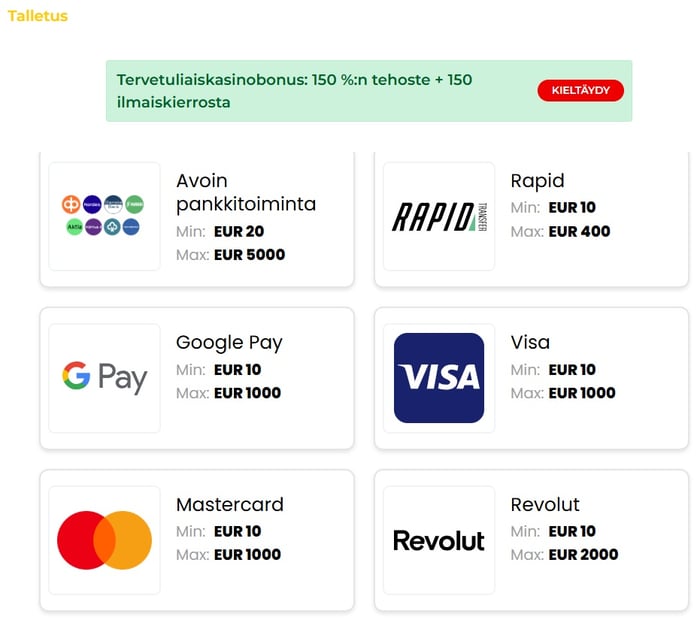 Spinimax Casinon talletusnäkymä ja maksutavat: avoin pankkitoiminta, Rapid, Google Pay, Visa, Mastercard ja Revolut
